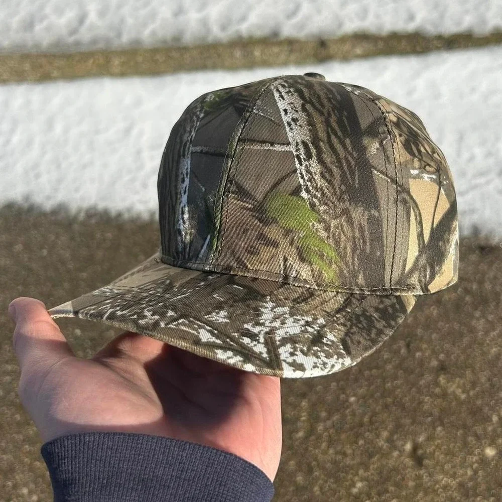 Vintage camo real tree hat cap strap back brown cyber grunge